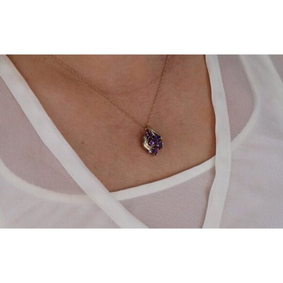 10k Yellow Gold Natural Amethyst & Diamond Necklace 18" Chain - Picture 2 of 7